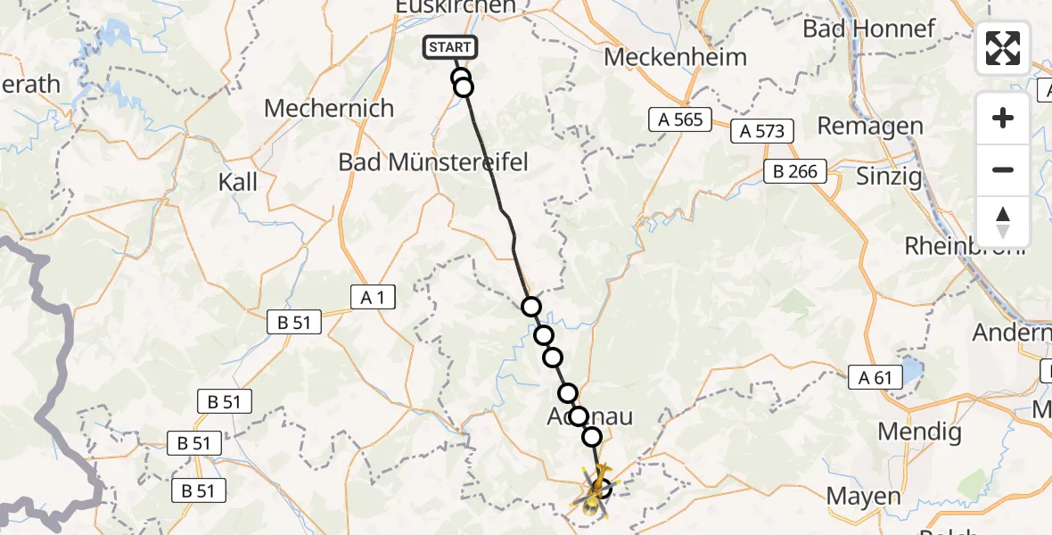 Flugroute Ambulanzhubschrauber Euskirchen - Nürburgring Heliport, 28 Februar 2026, 18:29