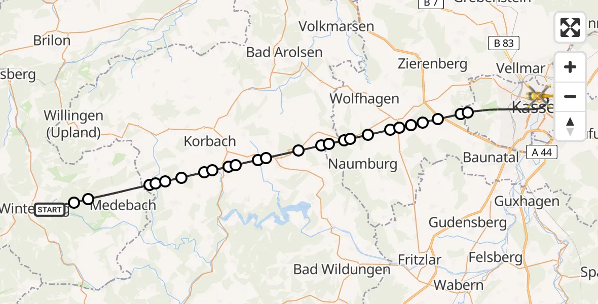 Flugroute Ambulanzhubschrauber Elkeringhausen - Kassel, 28 Februar 2026, 18:52