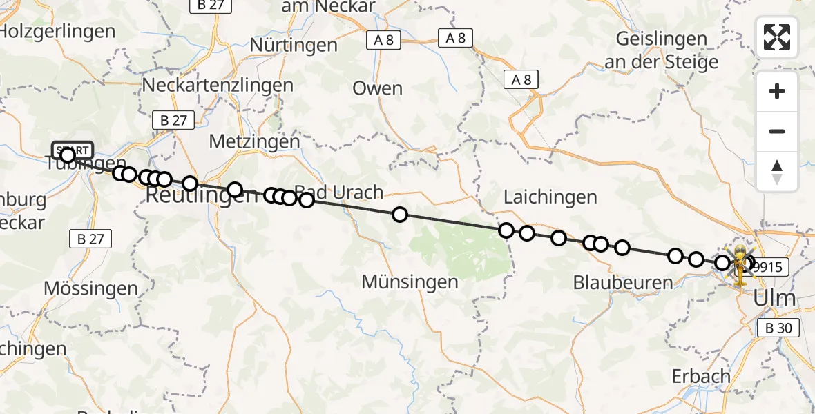 Flugroute Rettungshubschrauber Tübingen Trauma Hospital Helipad - ADAC Air Rescue Station Ulm (Christoph 22), 28 Februar 2026, 19:04