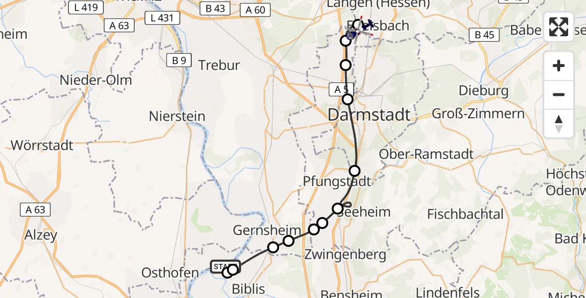 Flugroute Polizeihubschrauber Biblis - Frankfurt-Egelsbach Airport, 28 Februar 2026, 19:06