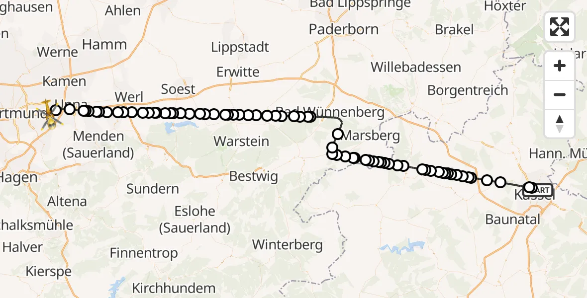 Flugroute Ambulanzhubschrauber Kassel - Dortmund Airport, 28 Februar 2026, 19:48