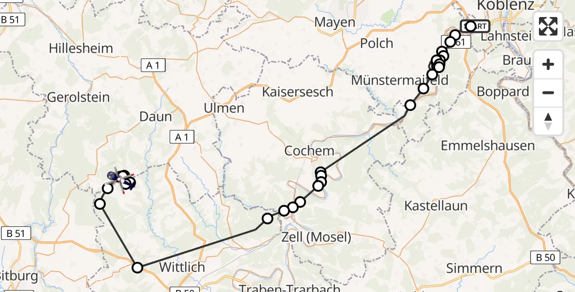 Flugroute Polizeihubschrauber Koblenz-Winningen Airfield - Meerfeld, 28 Februar 2026, 20:07