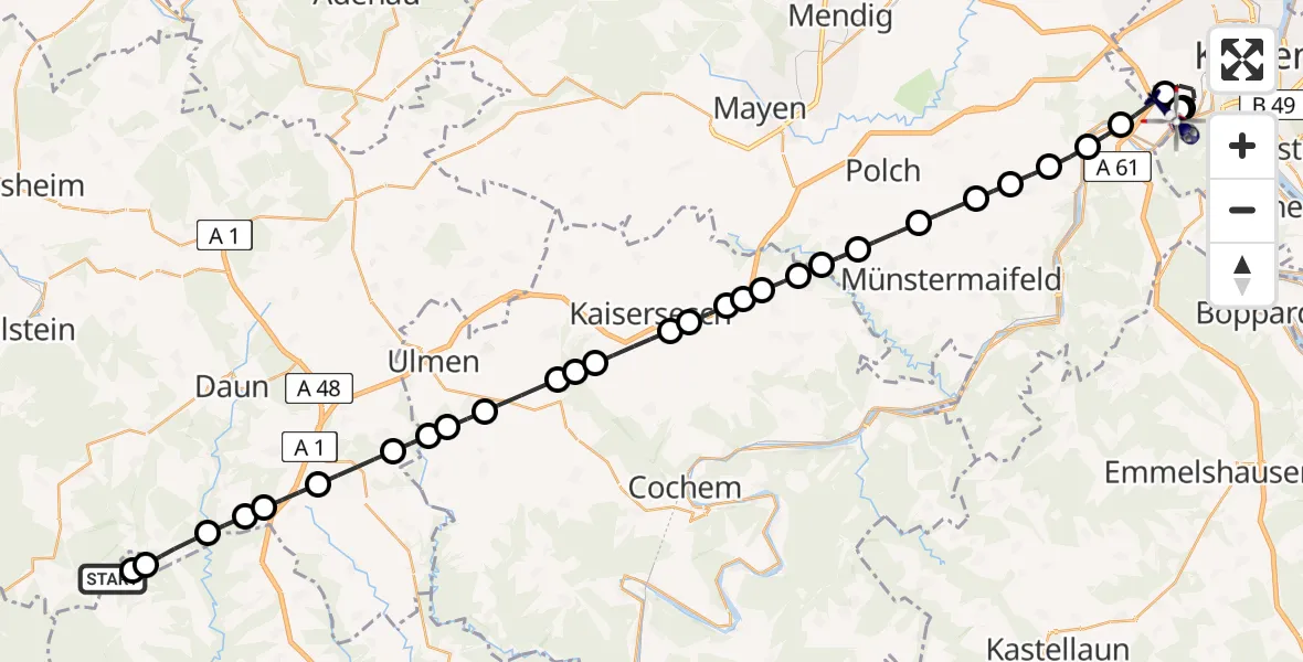 Flugroute Polizeihubschrauber Deudesfeld - Koblenz-Winningen Airfield, 28 Februar 2026, 20:57
