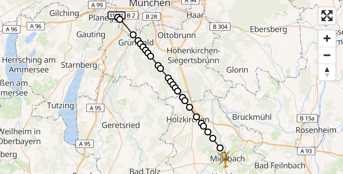 Flugroute Ambulanzhubschrauber DRF Air Rescue München Heliport - Miesbach, 28 Februar 2026, 21:12