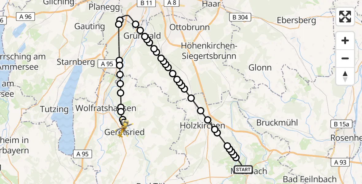 Flugroute Ambulanzhubschrauber Miesbach - Geretsried, 28 Februar 2026, 21:44