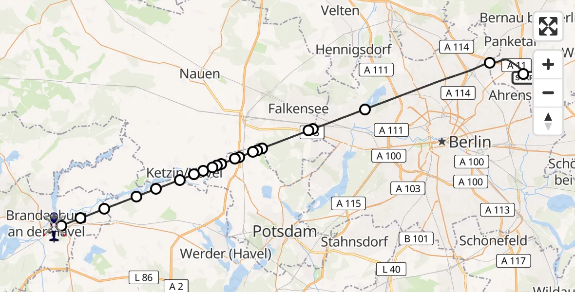 Flugroute Polizeihubschrauber Ahrensfelde Heliport - Brandenburg an der Havel, 01 März 2026, 00:25