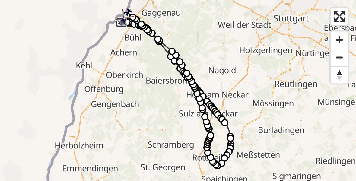 Flugroute Polizeihubschrauber Stollhofen - Karlsruhe Baden-Baden Airport, 01 März 2026, 04:19