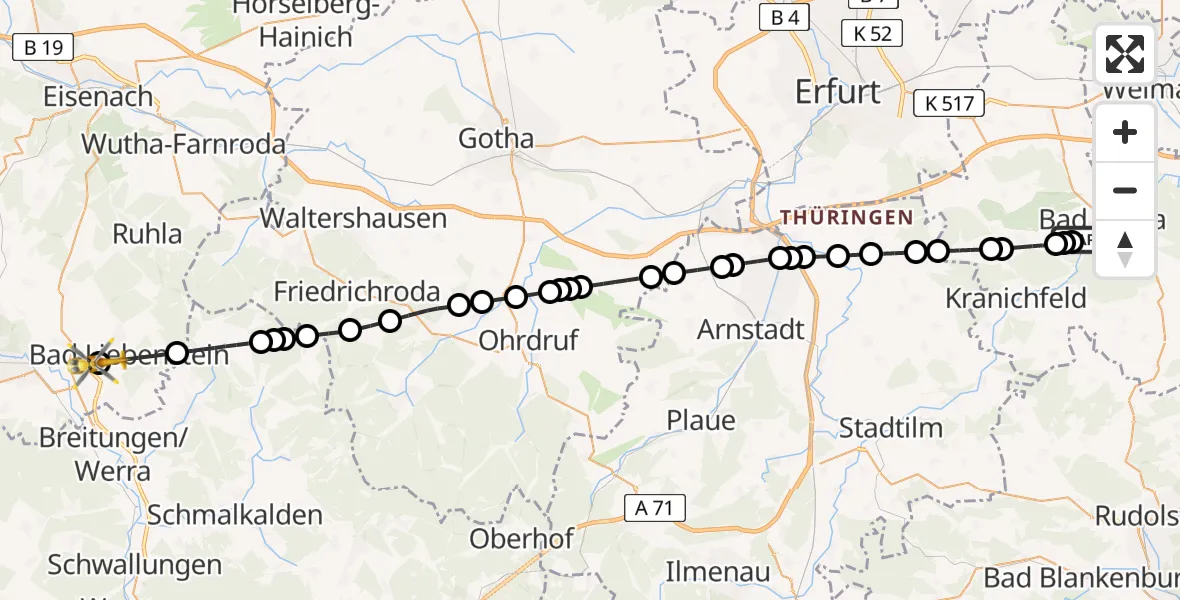 Flugroute Ambulanzhubschrauber DRF Rescue Station Bad Berka Heliport - Barchfeld, 01 März 2026, 04:49