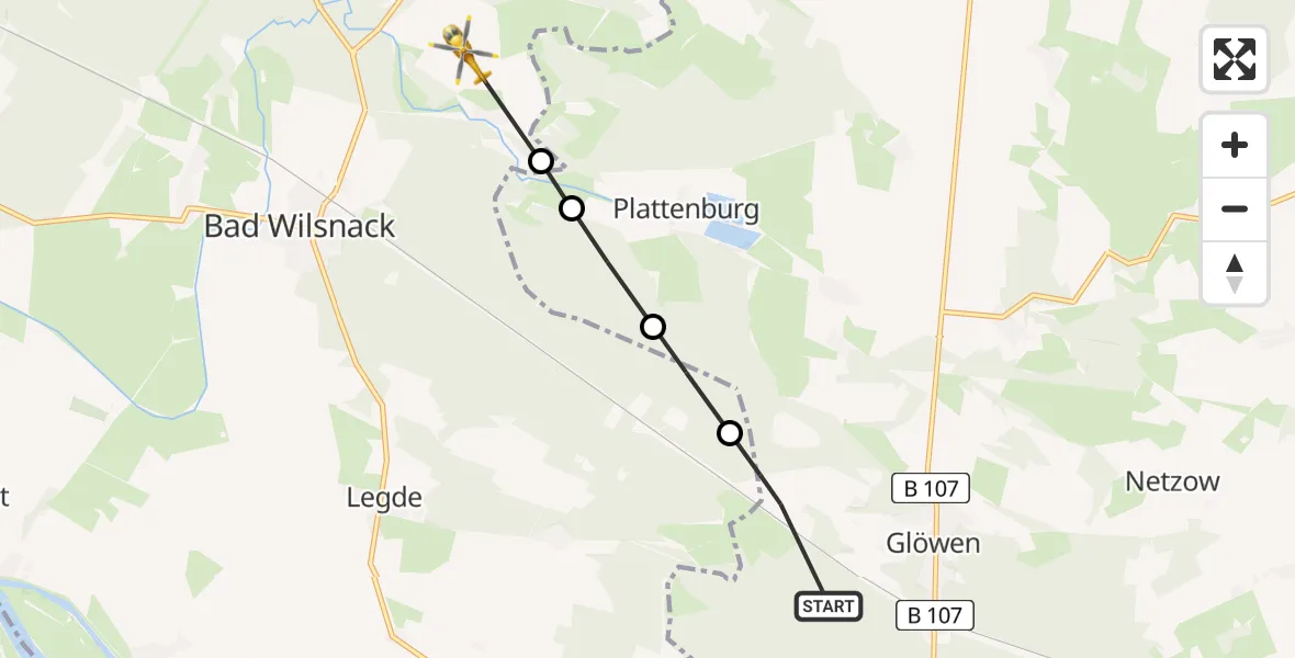 Flugroute Rettungshubschrauber Glöwen - Bad Wilsnack, 01 März 2026, 07:21