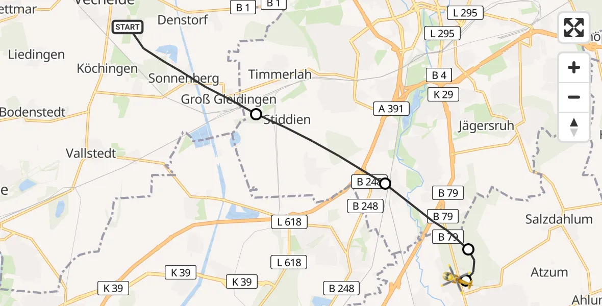 Flugroute Rettungshubschrauber Vechelde - Wolfenbüttel Municipal Hospital Heliport (Christoph 30), 01 März 2026, 07:50