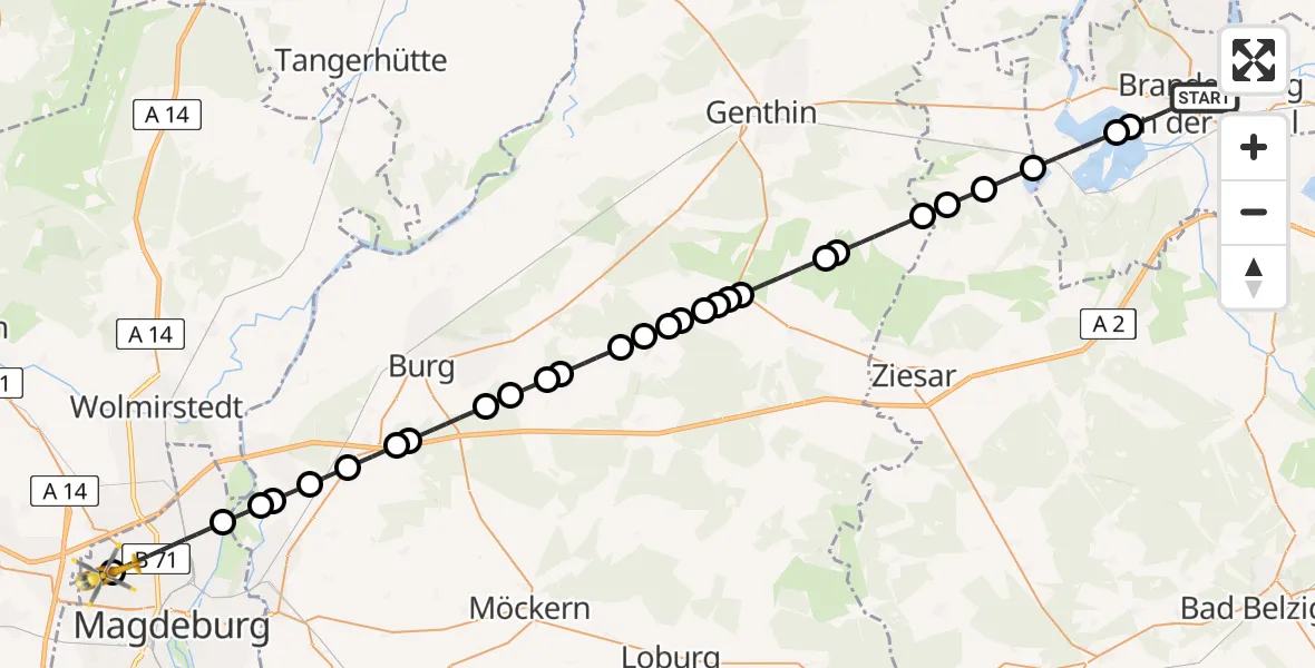 Flugroute Rettungshubschrauber Brandenburg an der Havel - Magdeburg Hospital Heliport, 01 März 2026, 07:59