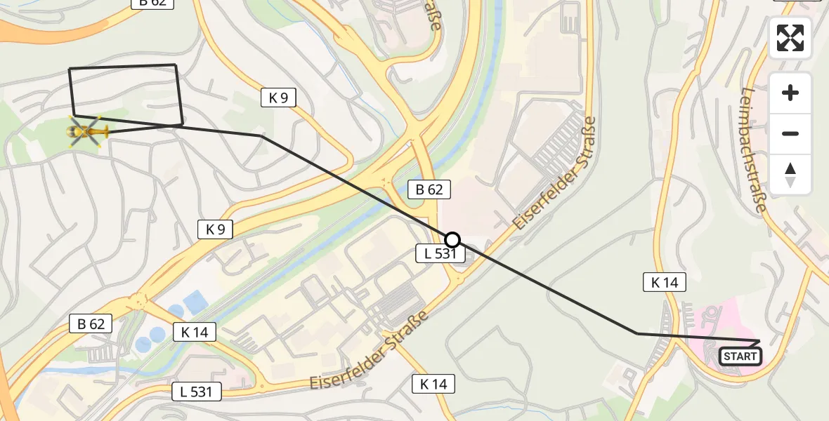 Flugroute Rettungshubschrauber Evangelisches Jung-Stilling Hospital Helipad - Siegen, 01 März 2026, 07:59