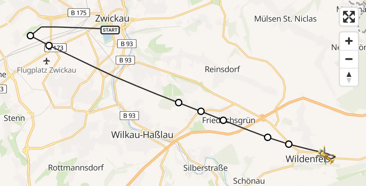 Flugroute Rettungshubschrauber Zwickau - Wildenfels, 01 März 2026, 08:05