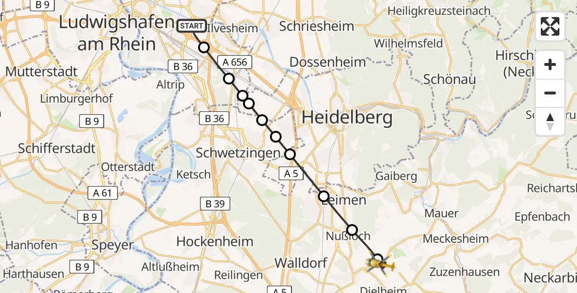 Flugroute Rettungshubschrauber Mannheim-City Airport - Baiertal, 01 März 2026, 08:18