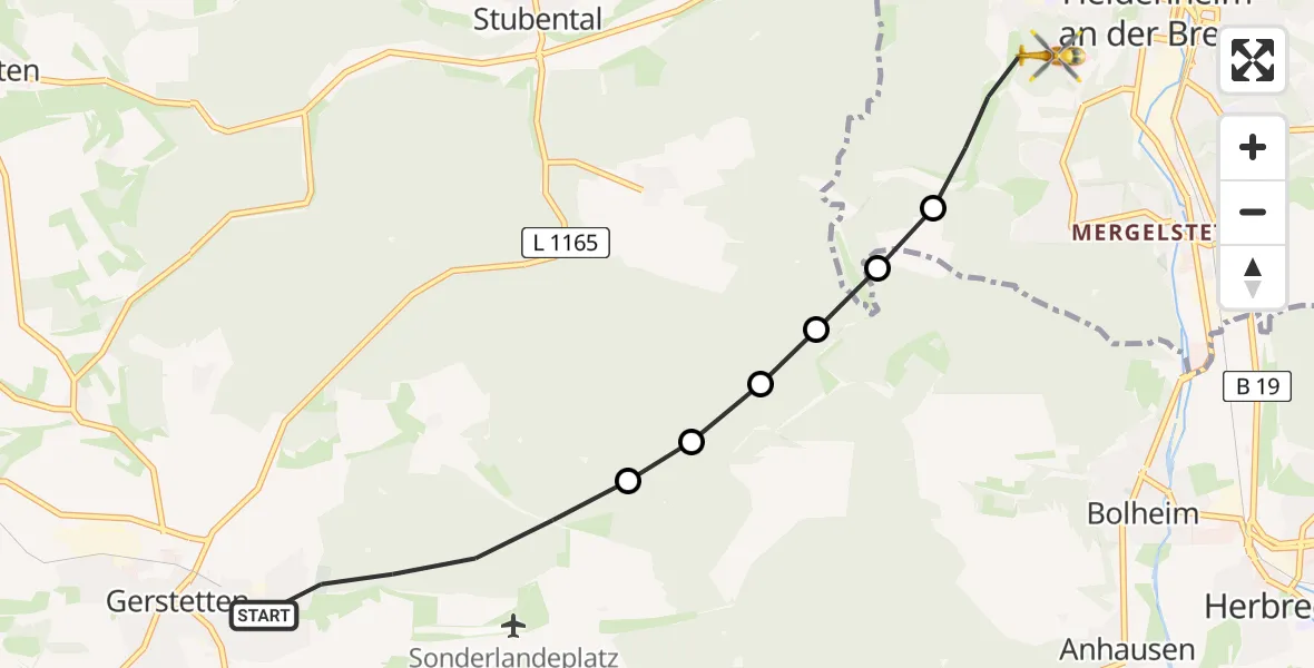 Flugroute Rettungshubschrauber Gerstetten - Heidenheim an der Brenz, 01 März 2026, 08:34