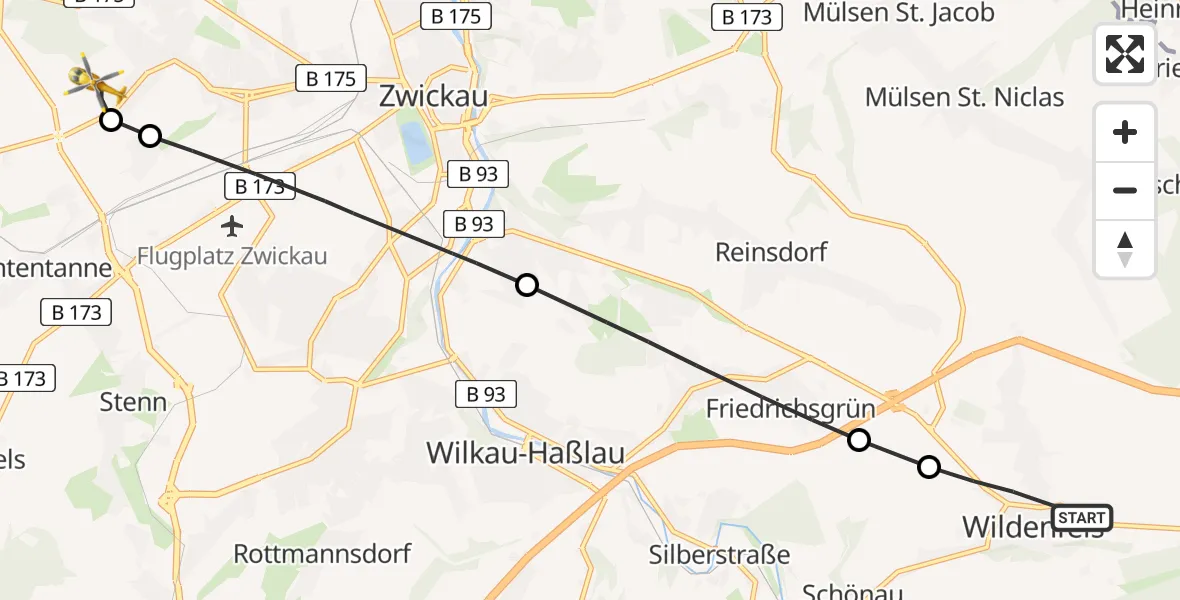 Flugroute Rettungshubschrauber Wildenfels - ADAC Air Rescue Station Zwickau Heliport, 01 März 2026, 08:36
