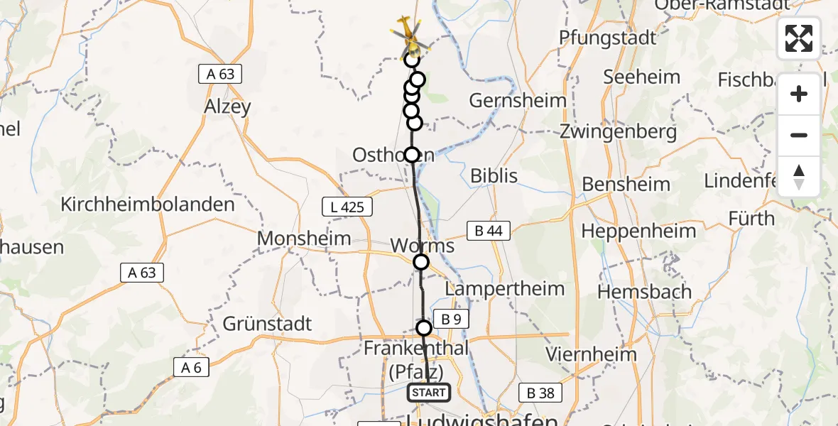 Routekaart van de vlucht: Rettungshubschrauber nach Guntersblum, L 437