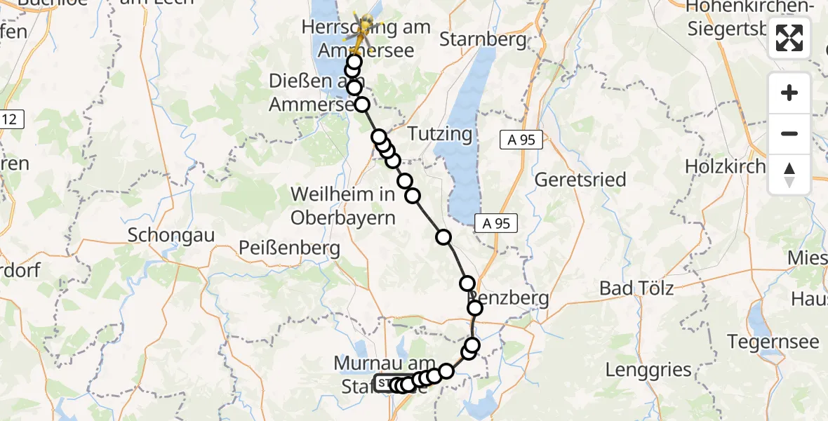 Flugroute Rettungshubschrauber Murnau Accident Hospital Heliport - Mühlfeld, 01 März 2026, 08:47