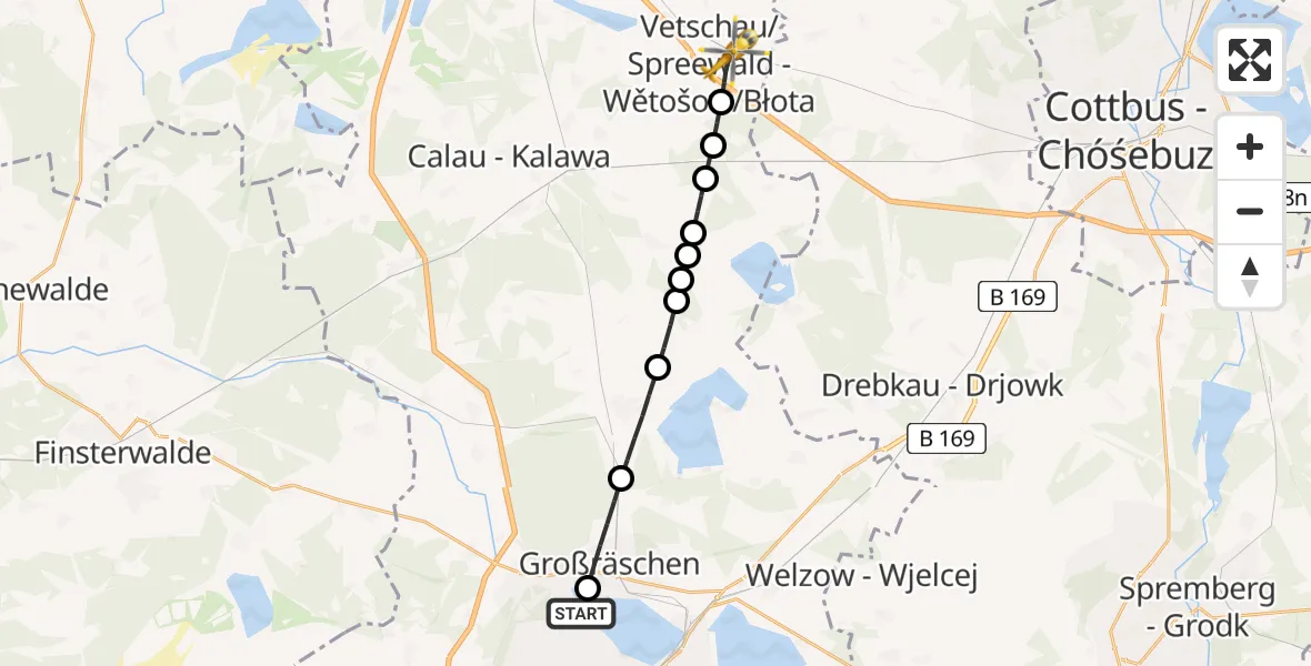 Flugroute Rettungshubschrauber Senftenberg - Vetschau/Spreewald, 01 März 2026, 08:49