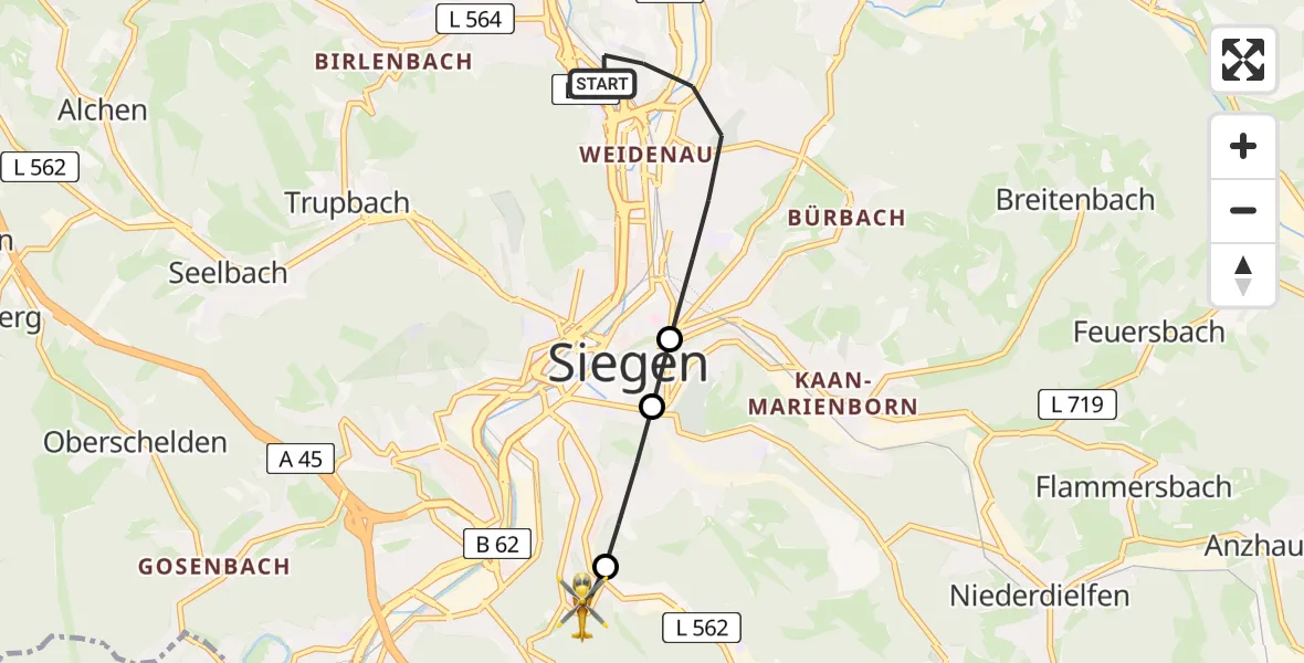 Flugroute Rettungshubschrauber Siegen - Evangelisches Jung-Stilling Hospital Helipad, 01 März 2026, 08:58