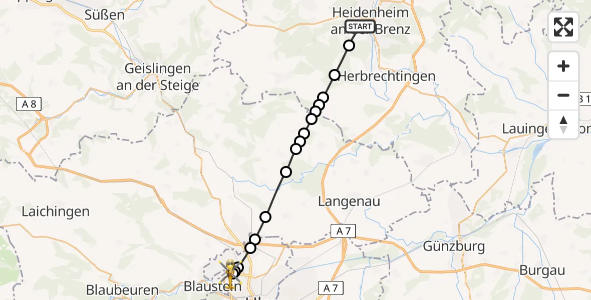 Flugroute Rettungshubschrauber Heidenheim an der Brenz - ADAC Air Rescue Station Ulm (Christoph 22), 01 März 2026, 09:02