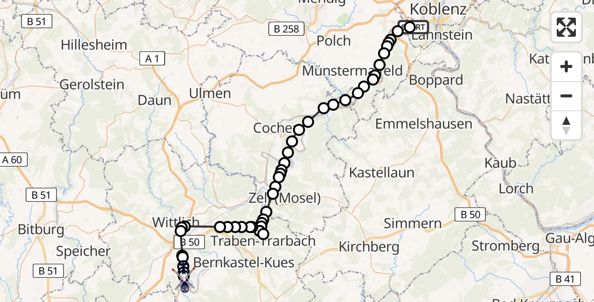 Flugroute Polizeihubschrauber Koblenz-Winningen Airfield - Piesport, 01 März 2026, 09:03