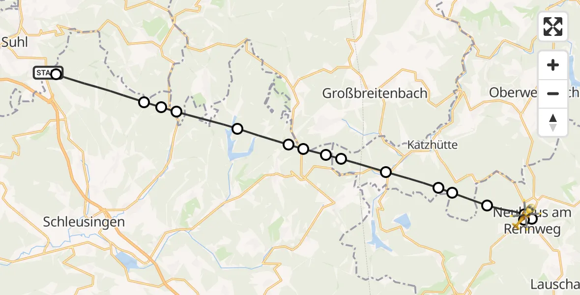 Flugroute Rettungshubschrauber Hirschbach - Regiomed Hospital Neuhaus am Rennweg Heliport, 01 März 2026, 09:05