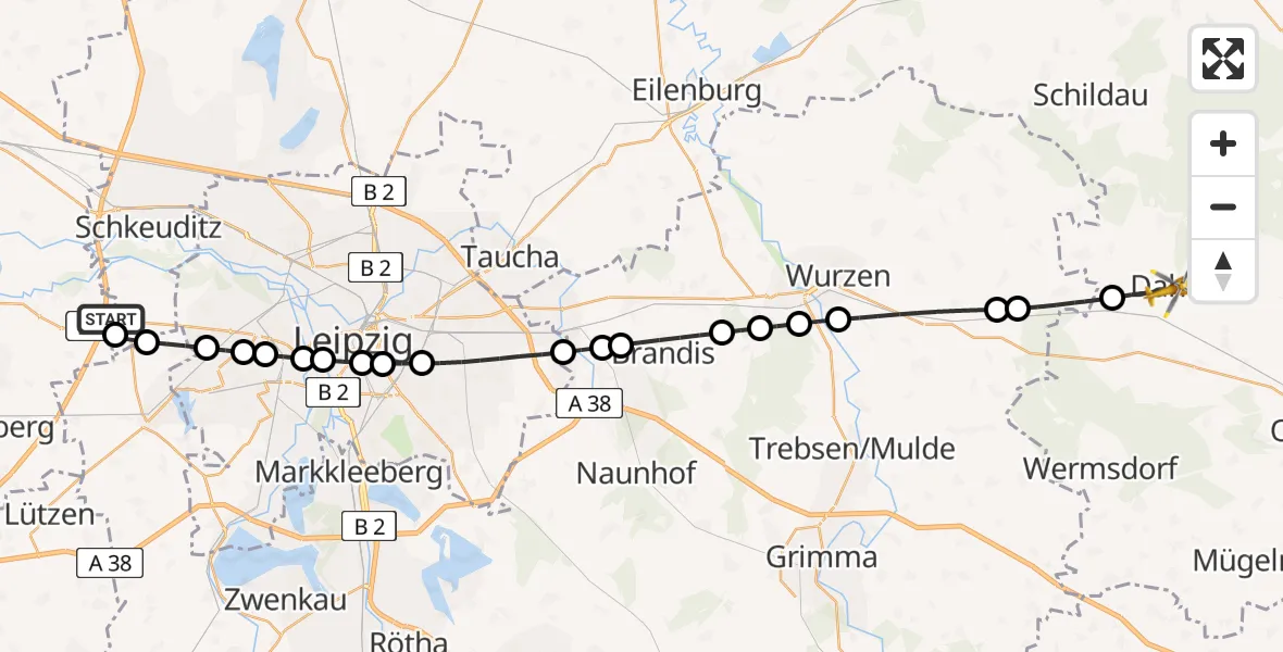 Flugroute Rettungshubschrauber ADAC Air Rescue Station Leipzig/Schkeuditz-Dölzig Heliport (Christoph 61) - Dahlen, 01 März 2026, 09:20