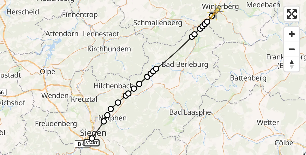 Flugroute Rettungshubschrauber Evangelisches Jung-Stilling Hospital Helipad - Winterberg, 01 März 2026, 09:22
