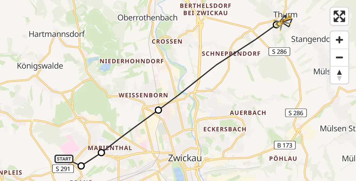 Flugroute Rettungshubschrauber ADAC Air Rescue Station Zwickau Heliport - Mülsen, 01 März 2026, 09:22