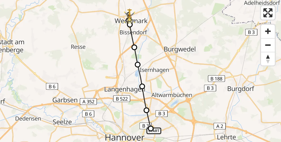 Flugroute Rettungshubschrauber Hannover Air Rescue Heliport (Christoph 4) - Wedemark, 01 März 2026, 09:24