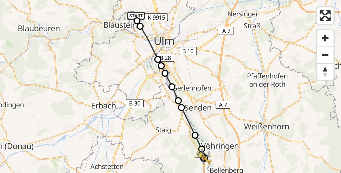 Flugroute Rettungshubschrauber ADAC Air Rescue Station Ulm (Christoph 22) - Wangen, 01 März 2026, 09:25