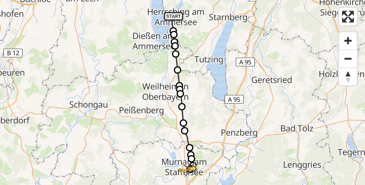 Flugroute Rettungshubschrauber Mühlfeld - Murnau Accident Hospital Heliport, 01 März 2026, 09:35