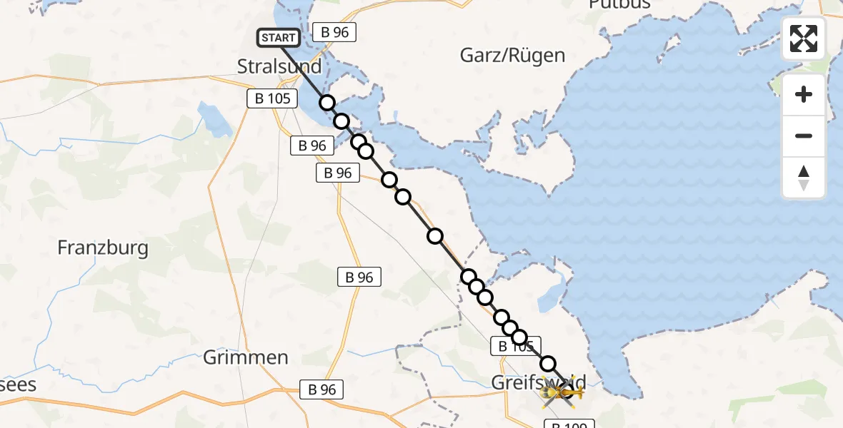Flugroute Rettungshubschrauber Stralsund - Greifswald Hospital Heliport, 01 März 2026, 09:36