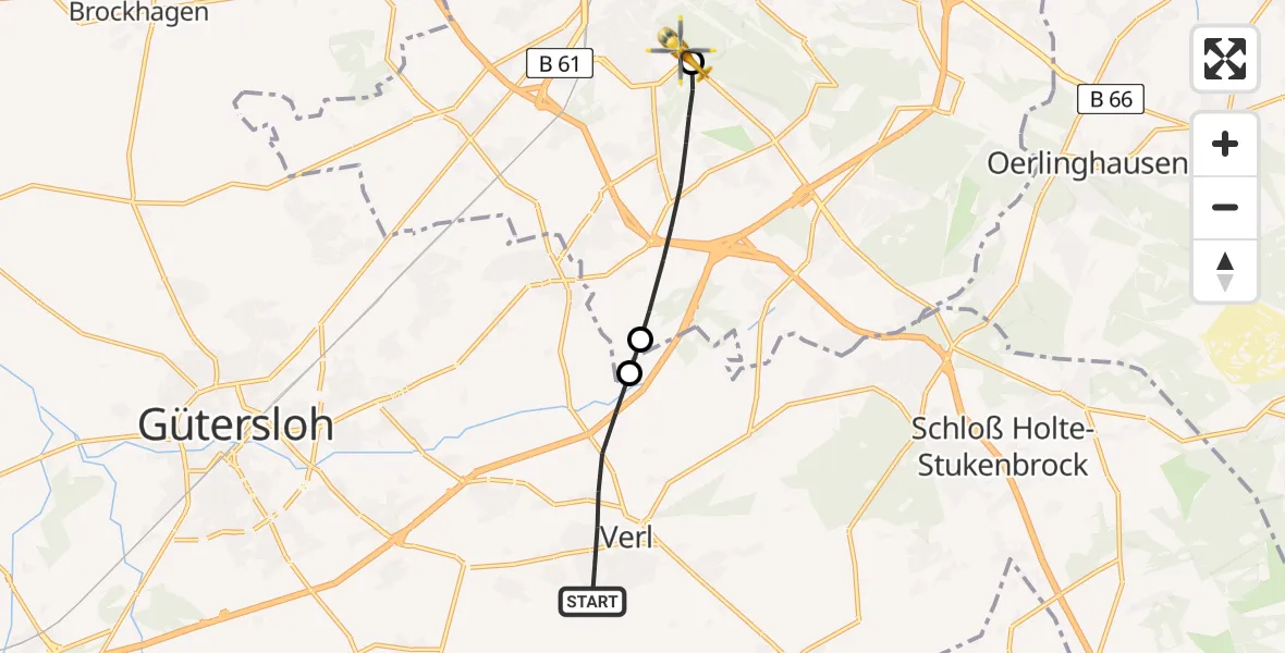 Flugroute Rettungshubschrauber Verl - Luftrettungszentrum Bielefeld, 01 März 2026, 09:49