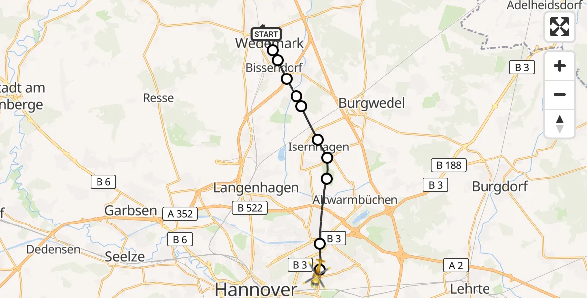 Flugroute Rettungshubschrauber Wedemark - Hannover Air Rescue Heliport (Christoph 4), 01 März 2026, 09:50