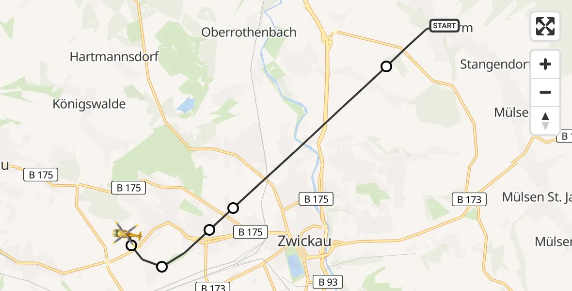 Routekaart van de vlucht: Rettungshubschrauber nach ADAC Air Rescue Station Zwickau Heliport
