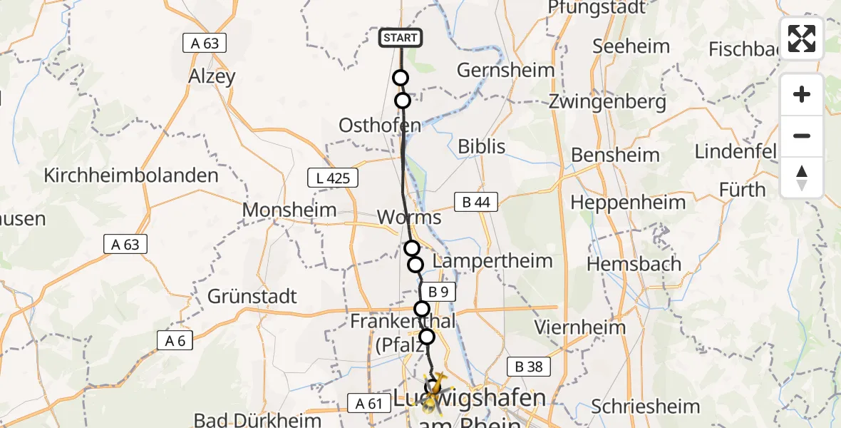 Routekaart van de vlucht: Rettungshubschrauber nach Ludwigshafen Accident Hospital Heliport
