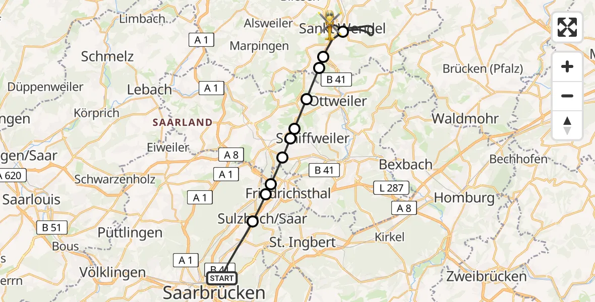 Flugroute Rettungshubschrauber Saarbrücken - Sankt Wendel, 01 März 2026, 10:04