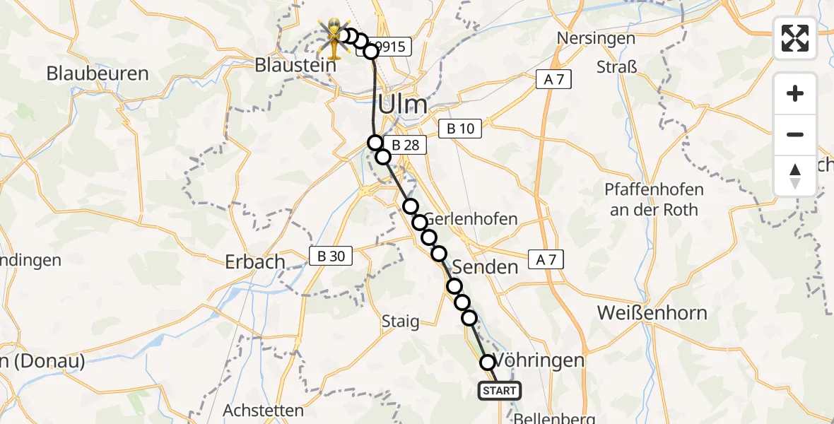 Flugroute Rettungshubschrauber Illerrieden - ADAC Air Rescue Station Ulm (Christoph 22), 01 März 2026, 10:06