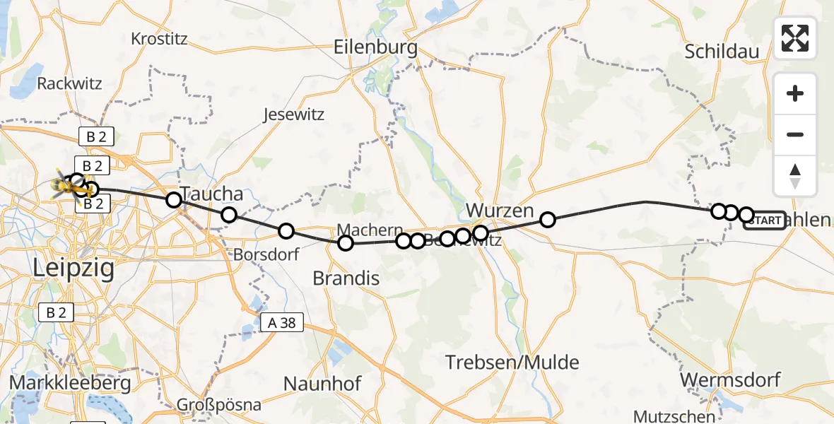 Flugroute Rettungshubschrauber Dahlen - Sankt Georg Hospital Leipzig Reserve Heliport, 01 März 2026, 10:21