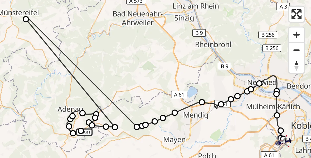 Flugroute Polizeihubschrauber Meuspath - Koblenz-Winningen Airfield, 01 März 2026, 10:26