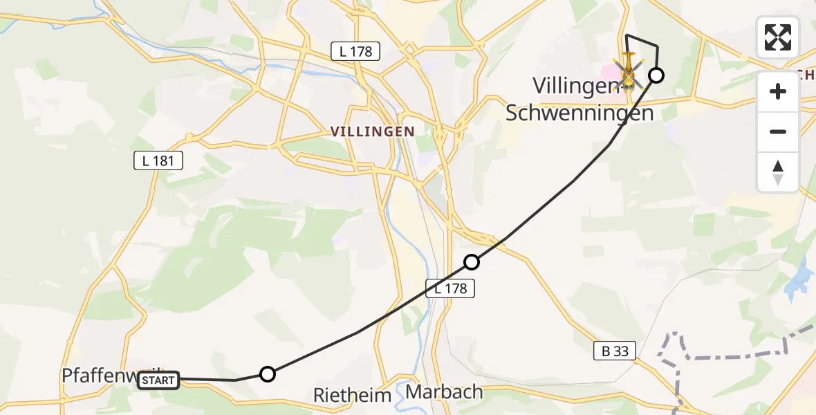 Flugroute Rettungshubschrauber Pfaffenweiler - DRF Air Rescue Station Villingen-Schwenningen Heliport (Christoph 11), 01 März 2026, 10:47