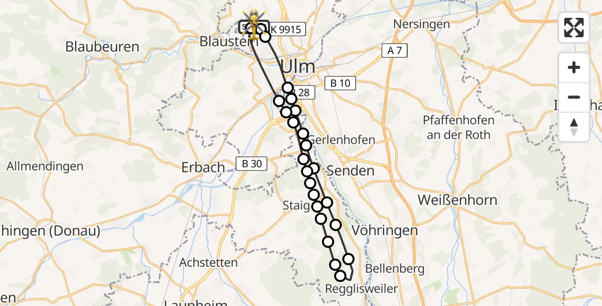 Flugroute Rettungshubschrauber ADAC Air Rescue Station Ulm (Christoph 22) - ADAC Air Rescue Station Ulm (Christoph 22), 01 März 2026, 10:49