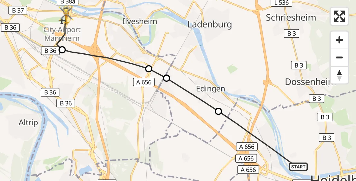 Flugroute Rettungshubschrauber Heidelberg - Mannheim-City Airport, 01 März 2026, 10:51