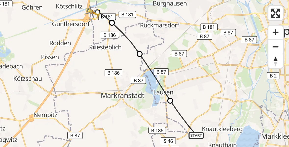 Flugroute Rettungshubschrauber Südwest - ADAC Air Rescue Station Leipzig/Schkeuditz-Dölzig Heliport (Christoph 61), 01 März 2026, 10:56