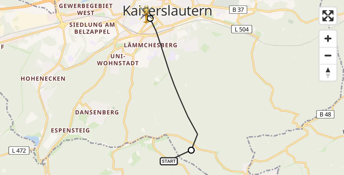 Flugroute Rettungshubschrauber Trippstadt - Westpfalz Hospital Kaiserslautern Heliport, 01 März 2026, 11:06