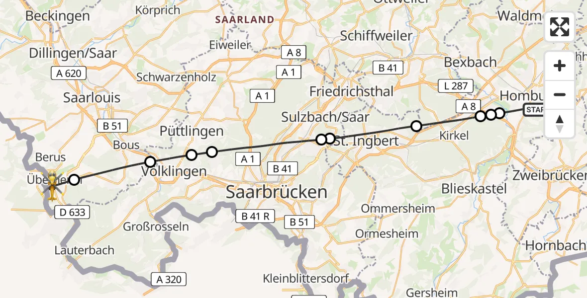Routekaart van de vlucht: Rettungshubschrauber nach Überherrn, Brückenstraße