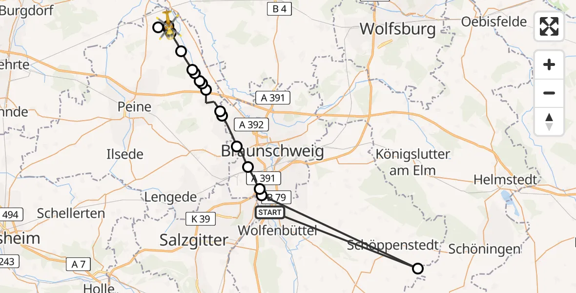 Flugroute Rettungshubschrauber Wolfenbüttel - Eickenrode, 01 März 2026, 11:29