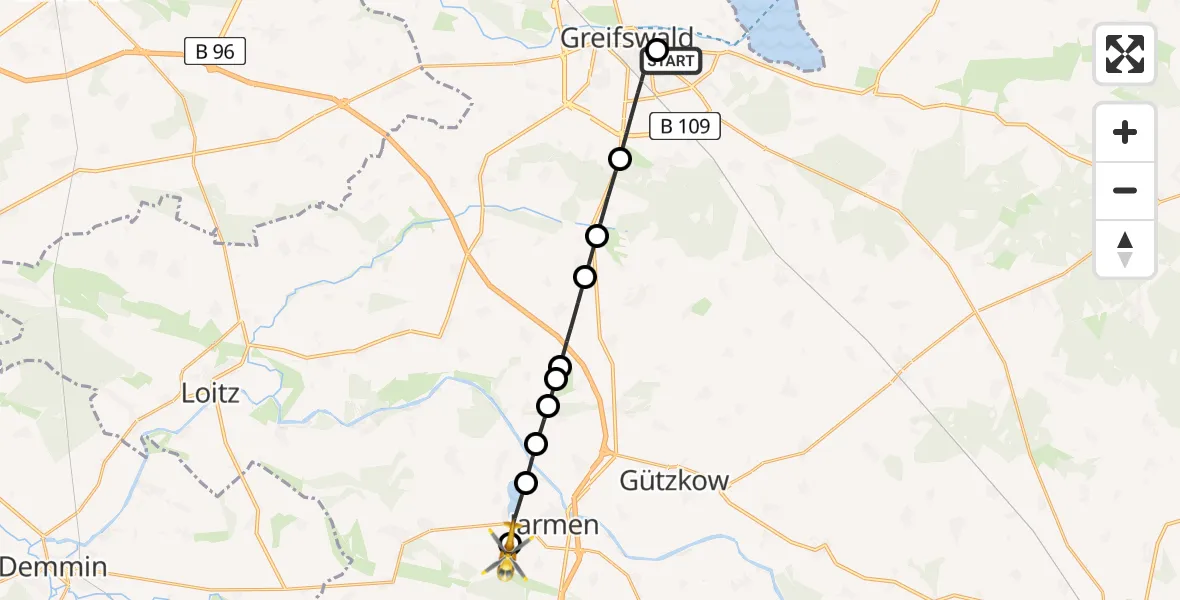 Flugroute Rettungshubschrauber Greifswald Hospital Heliport - Jarmen, 01 März 2026, 11:37
